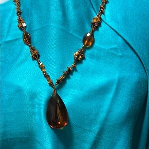 Amber Teardrop Pendant Necklace with Tigers Eye beads